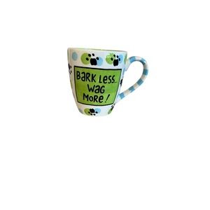 Our Name is Mud Hand Painted Mug Bark Less Wag More Dog Paw Print Green Blue‎